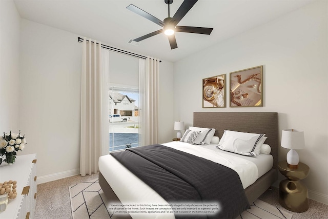 bedroom with ceiling fan and light colored carpet