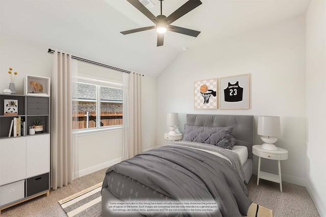 bedroom with ceiling fan, carpet, and vaulted ceiling