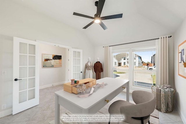 tiled office space featuring ceiling fan, french doors, and lofted ceiling