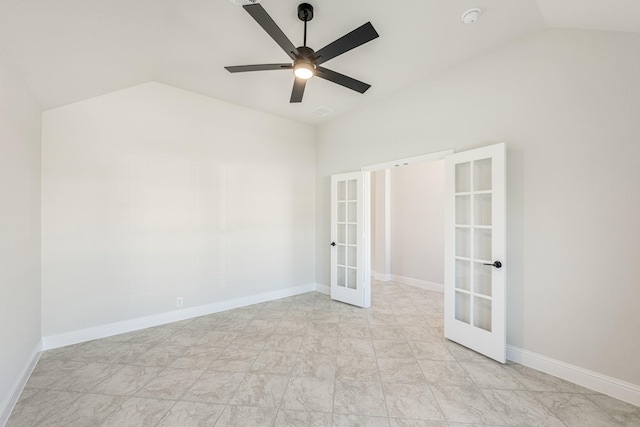 unfurnished room featuring french doors, vaulted ceiling, and ceiling fan