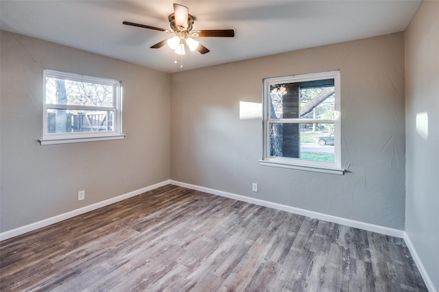 spare room featuring wood-type flooring and ceiling fan