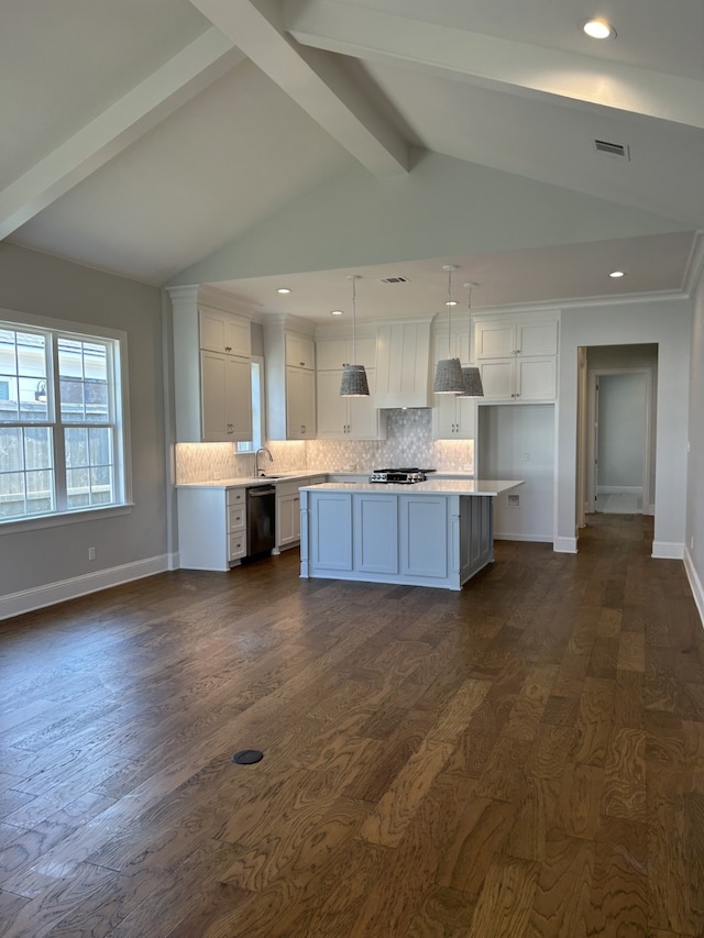 kitchen with dishwashing machine, dark wood-style flooring, a sink, light countertops, and backsplash