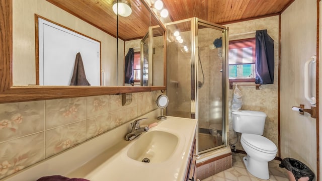 bathroom with wooden ceiling, vanity, toilet, and an enclosed shower