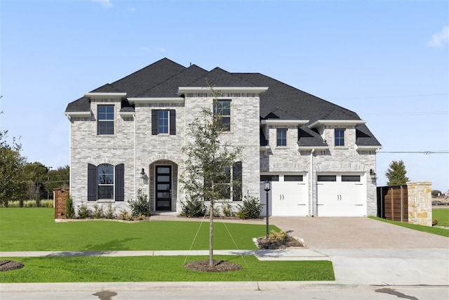 french country home featuring driveway, a garage, a shingled roof, a front lawn, and brick siding