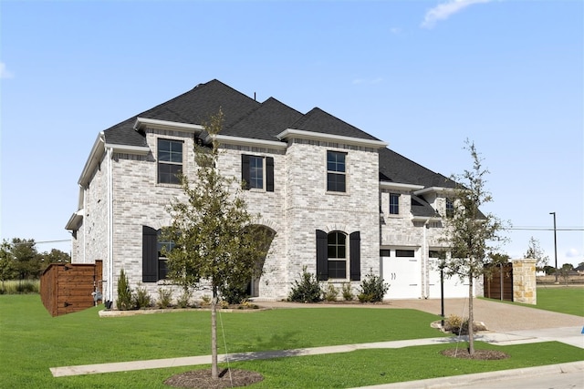 french country style house with driveway, brick siding, a front lawn, and a shingled roof