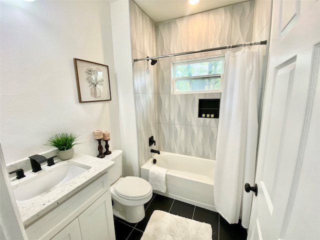 full bathroom featuring vanity, shower / bath combo, tile patterned flooring, and toilet