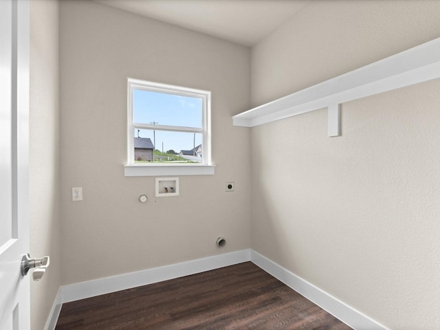 washroom with dark wood-type flooring, hookup for a gas dryer, washer hookup, and electric dryer hookup