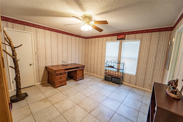 misc room featuring crown molding, a textured ceiling, ceiling fan, and light tile floors