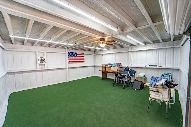 basement with ceiling fan