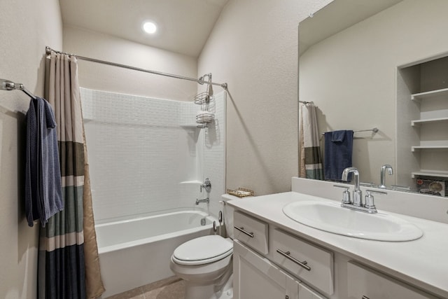 full bathroom with shower / tub combo, vanity, and toilet