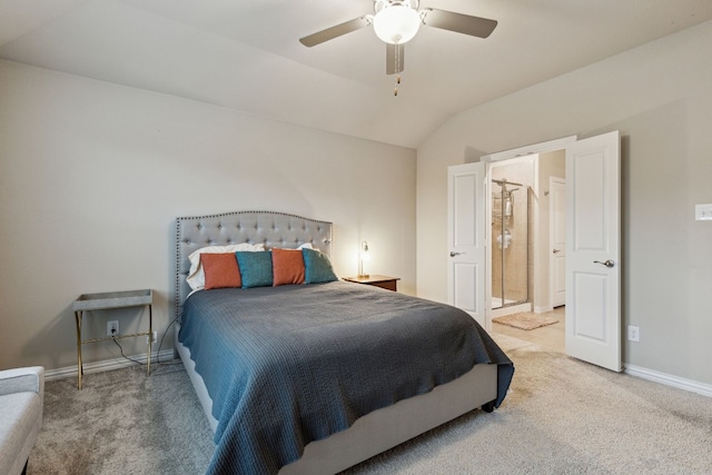 carpeted bedroom with ceiling fan and vaulted ceiling