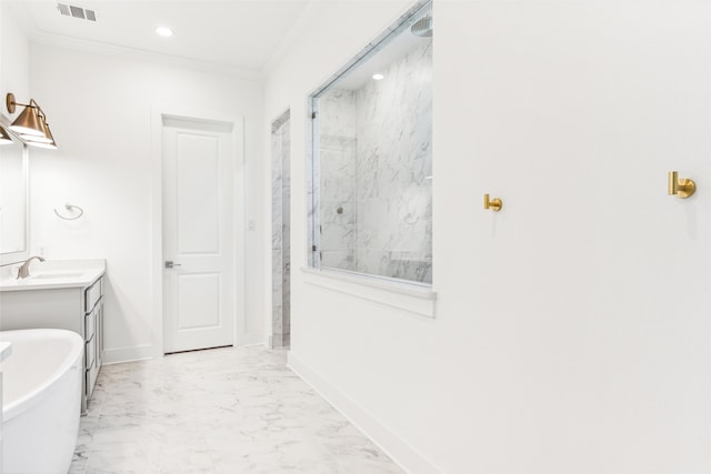 bathroom with vanity, separate shower and tub, and crown molding