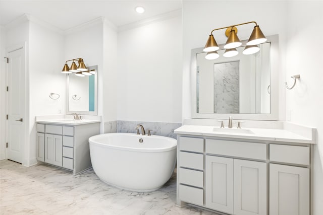 bathroom with vanity, ornamental molding, and a tub to relax in