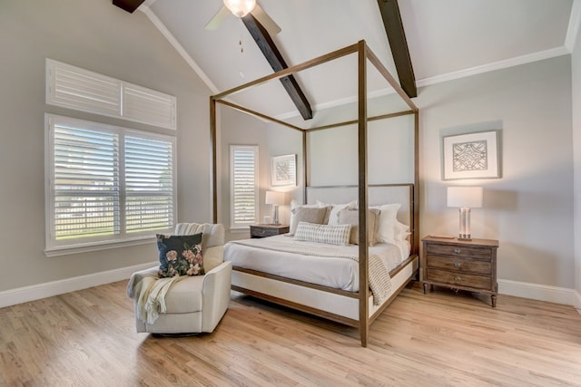 bedroom with light wood-type flooring, ceiling fan, high vaulted ceiling, and beam ceiling