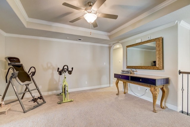 workout area featuring ceiling fan, a raised ceiling, ornamental molding, and carpet floors