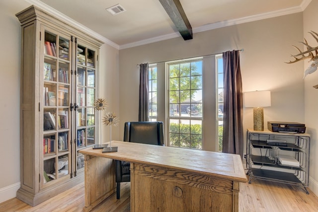 office space featuring crown molding, light hardwood / wood-style flooring, and beam ceiling