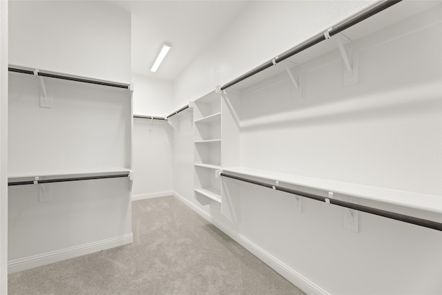 walk in closet featuring light colored carpet