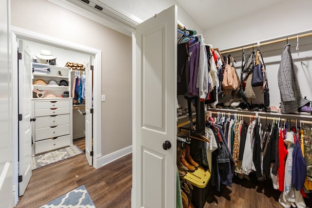 spacious closet with dark hardwood / wood-style floors