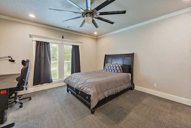 bedroom featuring carpet floors, ceiling fan, and crown molding