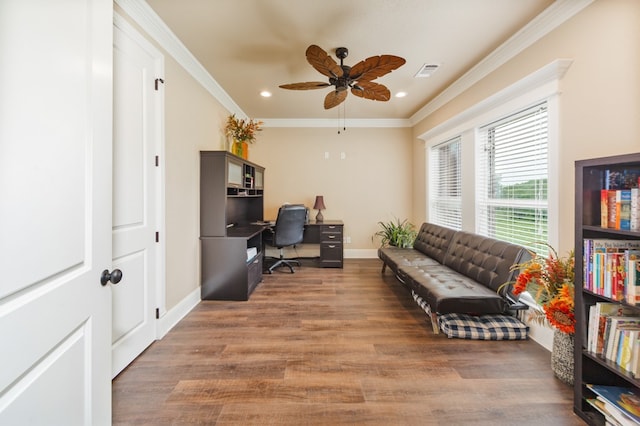 office featuring ornamental molding, ceiling fan, and dark hardwood / wood-style floors