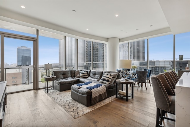 living room featuring light hardwood / wood-style flooring and expansive windows