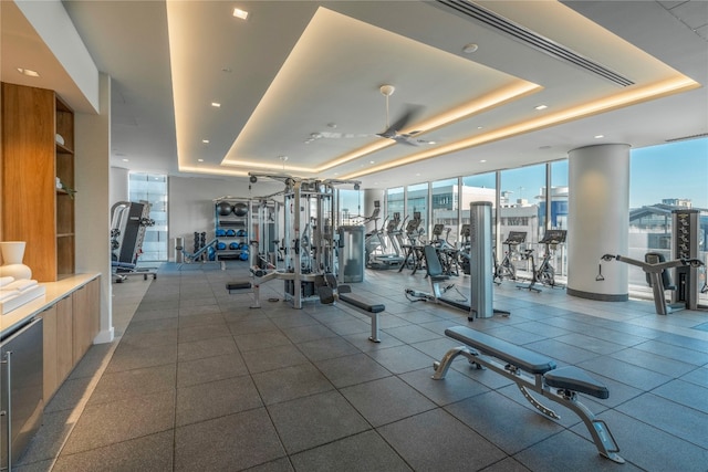 workout area featuring a raised ceiling, ceiling fan, and expansive windows