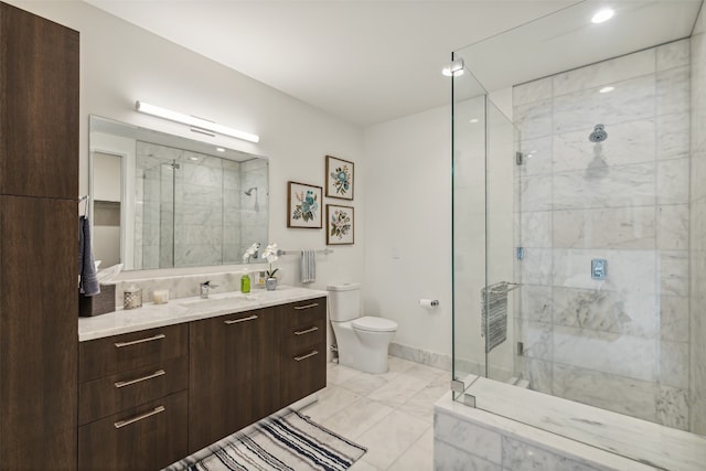 bathroom with walk in shower, toilet, tile floors, and vanity