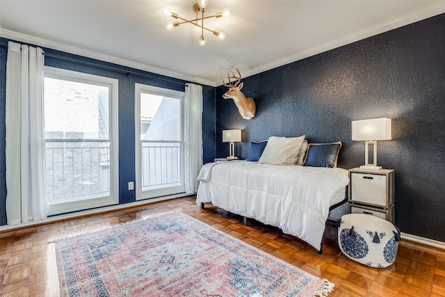 bedroom with ornamental molding, an inviting chandelier, and parquet flooring