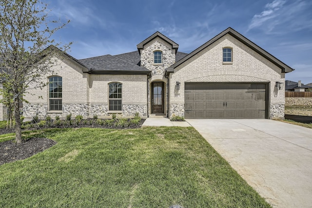 french provincial home with a garage and a front lawn