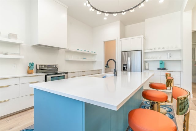 kitchen with appliances with stainless steel finishes, white cabinets, rail lighting, a center island with sink, and a kitchen breakfast bar