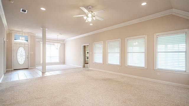 interior space featuring ceiling fan with notable chandelier, ornamental molding, and light colored carpet