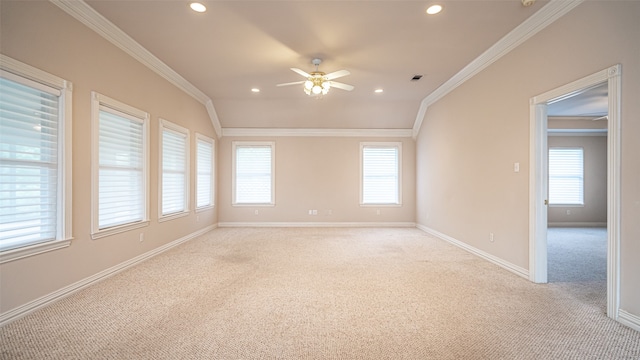 carpeted spare room with ceiling fan and crown molding