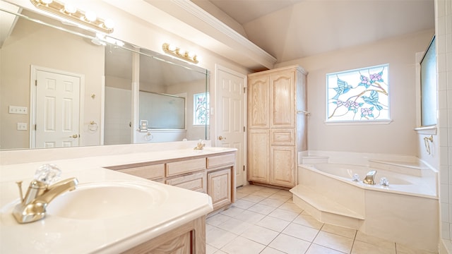 bathroom featuring independent shower and bath, tile patterned flooring, vanity, and lofted ceiling