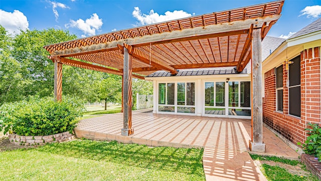 exterior space featuring a wooden deck and a pergola