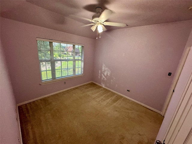 spare room featuring carpet, a textured ceiling, and ceiling fan