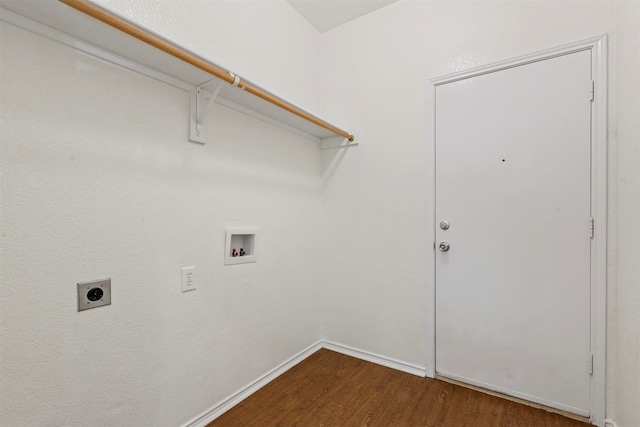 clothes washing area with hookup for an electric dryer, wood-type flooring, and hookup for a washing machine