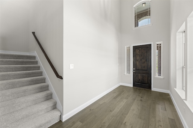 foyer entrance featuring a high ceiling and hardwood / wood-style flooring