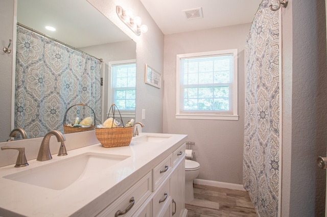 bathroom with wood-type flooring, toilet, and dual vanity