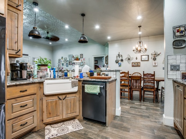 kitchen featuring dark hardwood / wood-style floors, ornamental molding, dishwasher, and decorative light fixtures