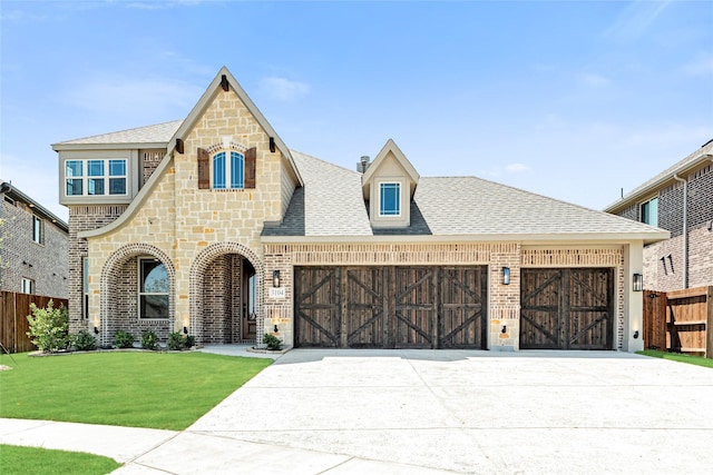 view of front of home with a front lawn and a garage