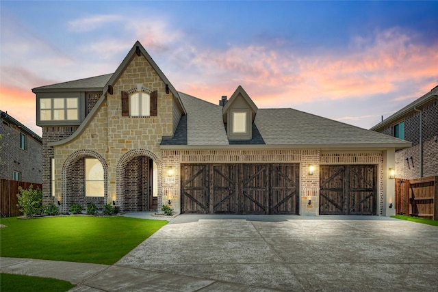 view of front facade featuring a garage and a lawn