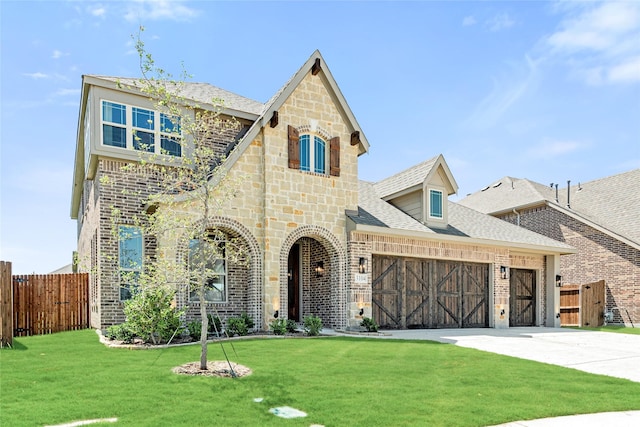 view of front of property featuring a front lawn and a garage