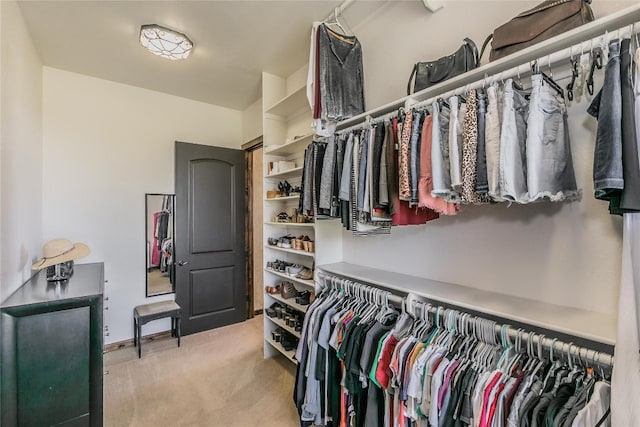 walk in closet with light colored carpet