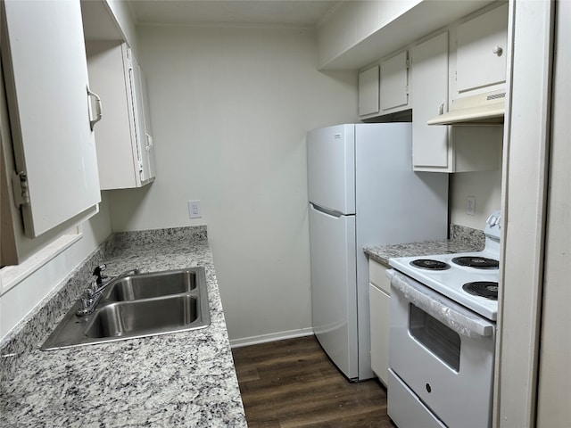 kitchen featuring electric stove, dark hardwood / wood-style flooring, and white cabinets