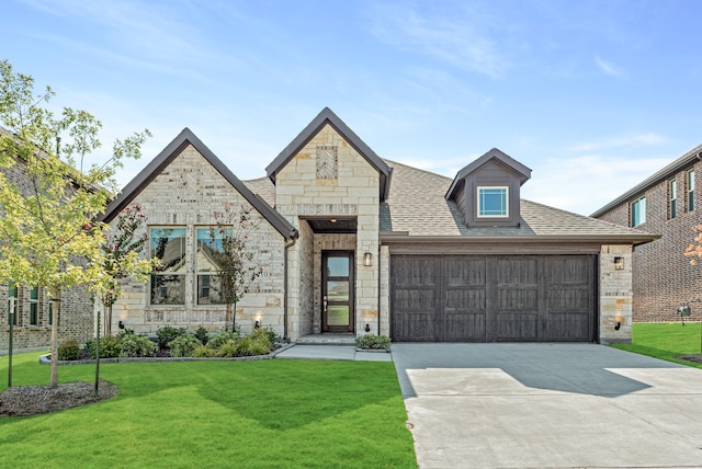 view of front of property with a garage and a front lawn