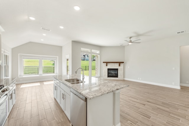 kitchen with stainless steel dishwasher, plenty of natural light, a fireplace, and sink