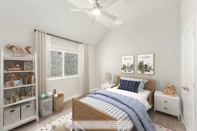 bedroom with lofted ceiling, light colored carpet, and ceiling fan