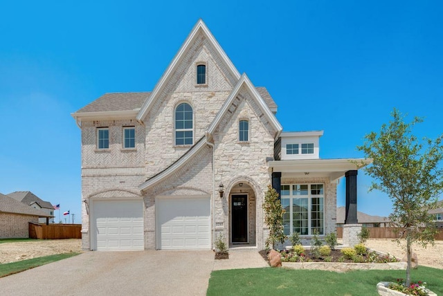 view of front of home with fence, brick siding, a garage, and driveway