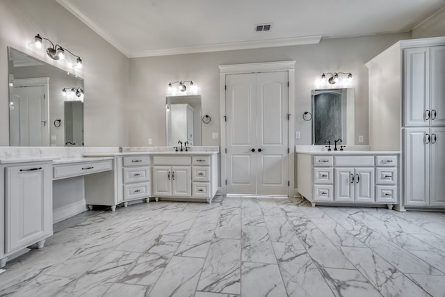 bathroom with vanity and ornamental molding