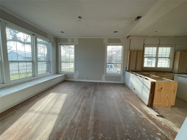 kitchen featuring wood-type flooring, a textured ceiling, and crown molding